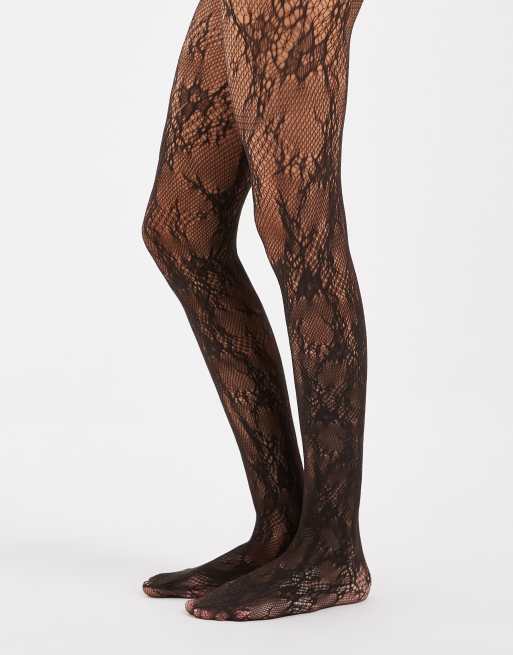 Vero Moda tights med blondedetalje i chokoladebrun, 2 af 3