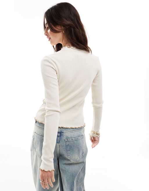 Vero Moda - Top a maniche lunghe color crema a coste con profili color cuoio a contrasto, 2 di 4