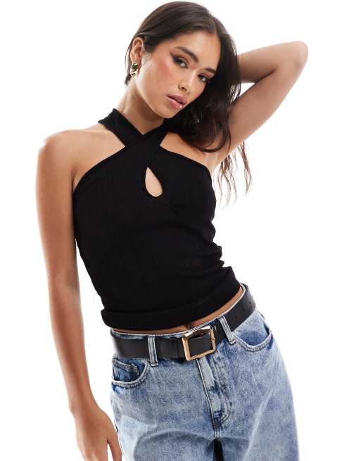 Vero Moda - Top allacciato al collo in jersey nero con intreccio