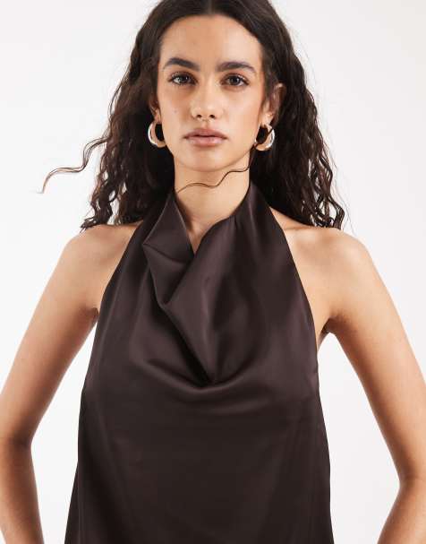 Vero Moda - Top allacciato al collo in raso marrone cioccolato - view 1