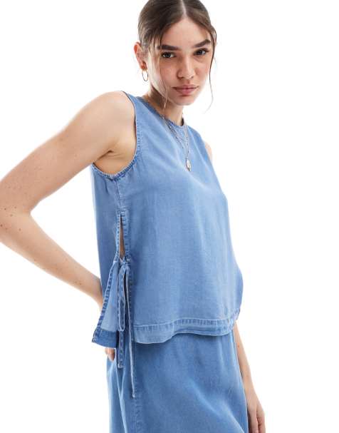 Vero Moda - Top allacciato sui lati blu medio in chambray in coordinato - view 1