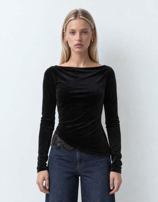 Vero Moda top asimmetrico in velluto con maniche lunghe, scollo a barchetta e dettagli in pizzo nero, 7 di 10