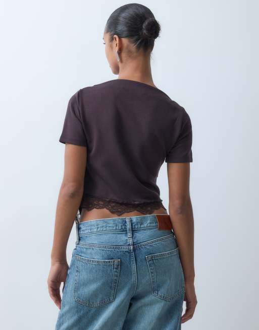 Vero Moda top asymétrique à manches courtes, encolure bateau, avec détail en dentelle, chocolat, 5 de 5