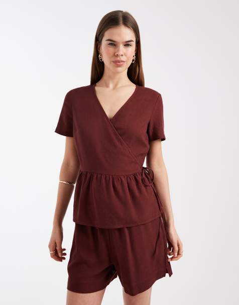 Vero Moda - Top avvolgente a maniche corte in misto lino bordeaux in coordinato - view 1