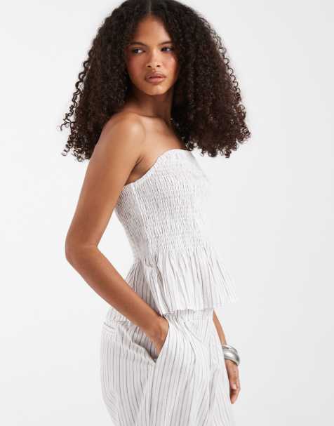 Vero Moda - Top bandeau d'ensemble en popeline froncée à rayures avec ourlet à basque - Blanc et noir - view 1