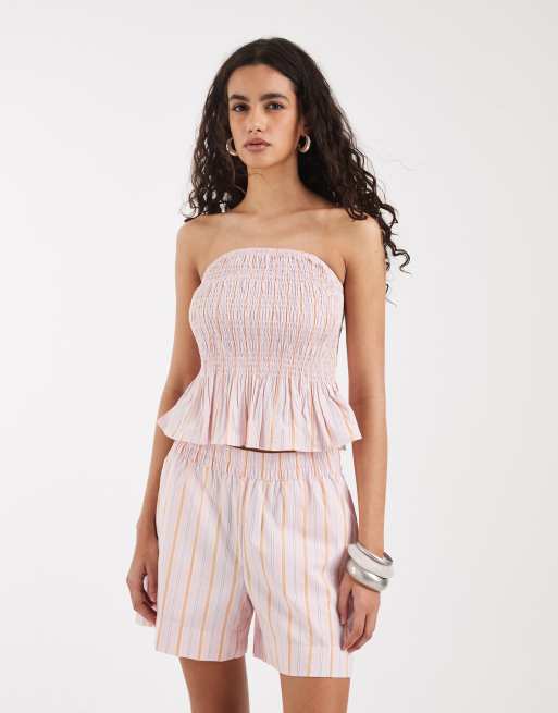 Vero Moda - Top bandeau d'ensemble froncé en popeline avec rayures et ourlet à basque - Rose/orange, 3 de 4