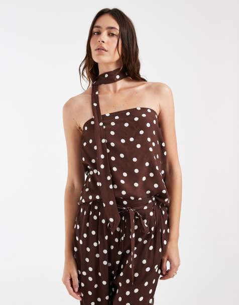 Vero Moda - Top bandeau d'ensemble tissé à pois avec détail foulard - Chocolat et blanc - view 1