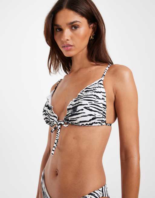 Vero Moda - Top bikini a triangolo allacciato sul davanti con bordo a volant e stampa zebrata, 2 di 4