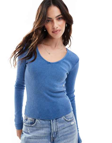 Vero Moda - Top col V en maille côtelée - Bleu délavé - view 1