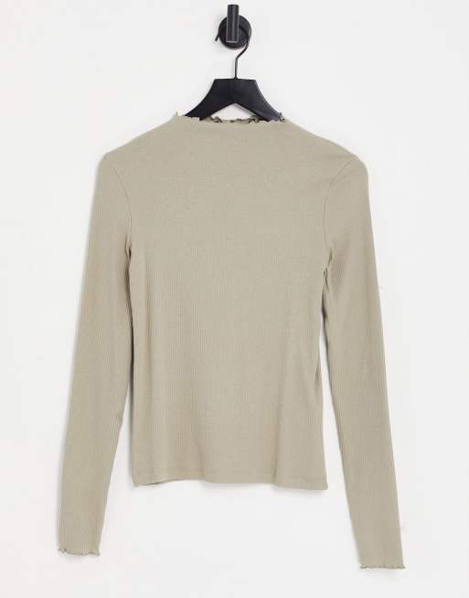 Vero Moda - Top color kaki a maniche lunghe con bordo ondulato