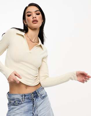 Vero Moda - Top con scollo a polo in maglia color crema