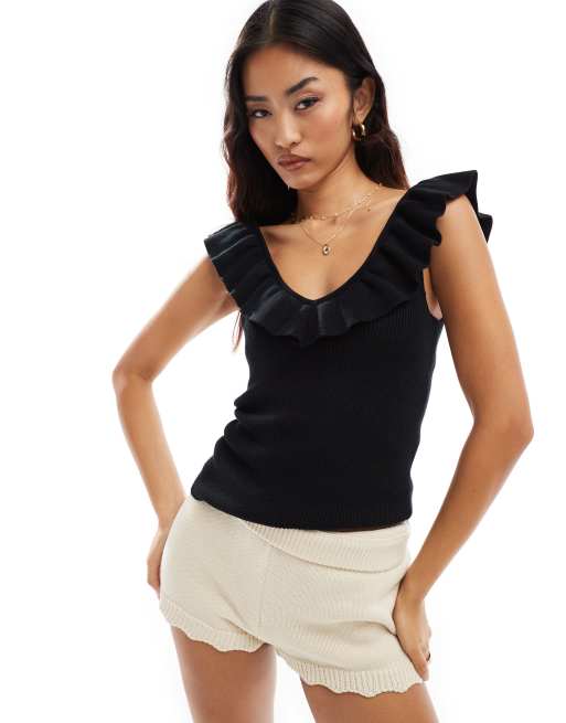 Vero Moda - Top con spalline sottili e volant sul collo in maglia nero
