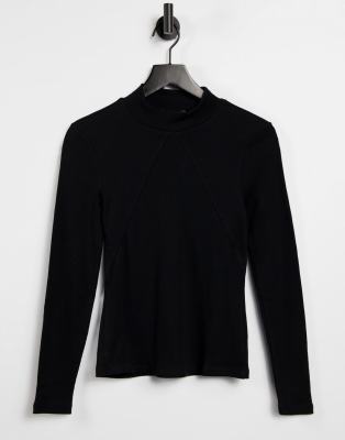 Vero Moda - Top côtelé à col montant avec coutures apparentes sur le devant - Noir