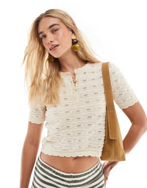 Vero Moda - Top crocheté à manches courtes et boutons - Crème - view 1