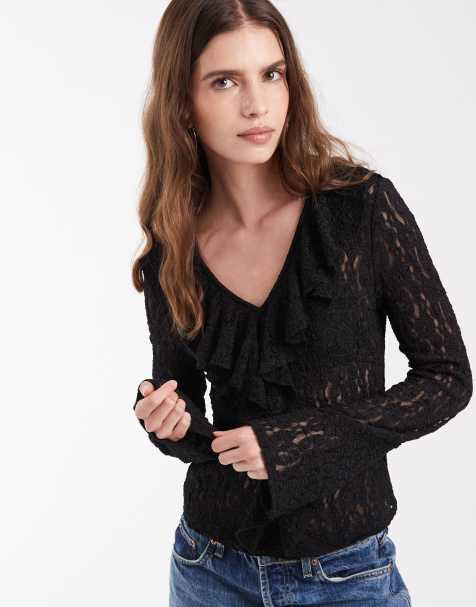 Vero Moda top de encaje con detalle de volante y manga larga en negro - view 1