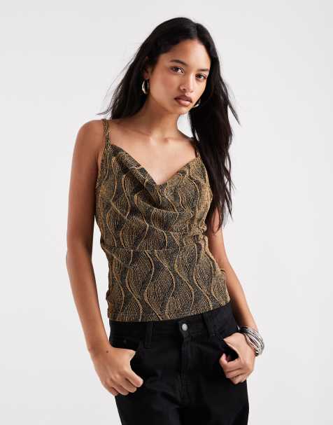 Vero Moda - top de tirantes finos con caída y brillo en marrón chocolate - view 1