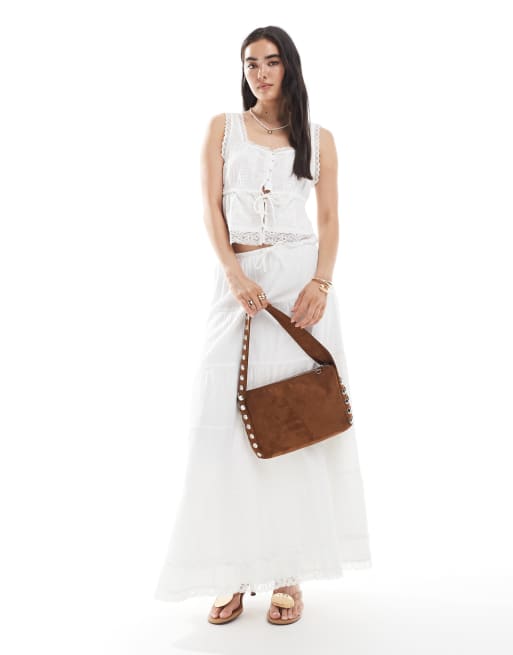 Vero Moda - Top d'ensemble en coton froissé avec finition en dentelle et encolure carrée - Blanc, 4 de 4