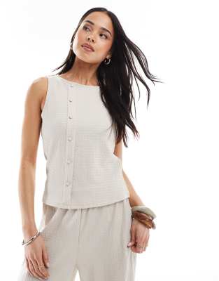 Top d'ensemble texturé en jersey avec patte de boutonnage asymétrique - Beige-Neutre XS