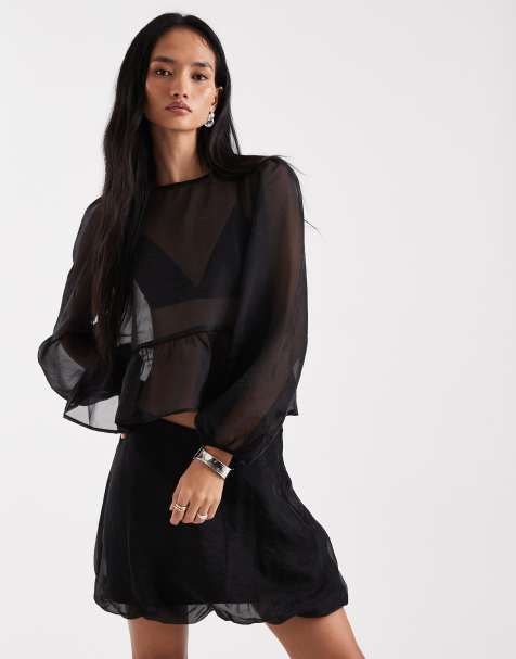 Vero Moda - Top d'ensemble transparent en organza avec liens noués à l'avant - Noir - view 1