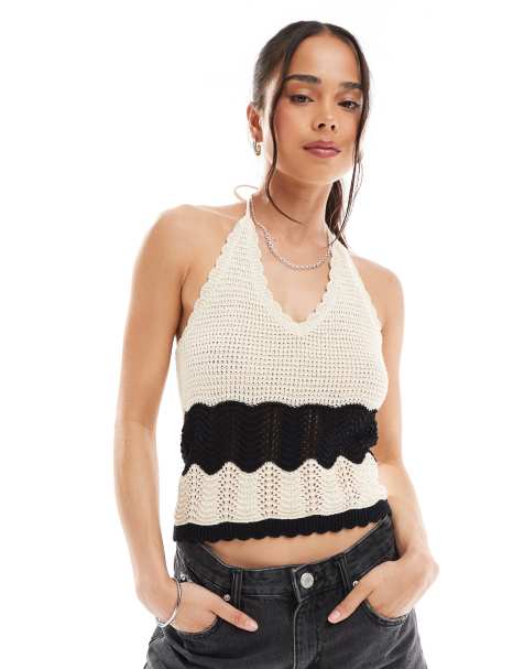 Vero Moda - Top dos nu en maille au crochet - Crème et noir - view 1