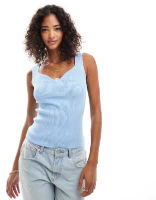 Top en maille côtelée avec décolleté en caur - Bleu XL