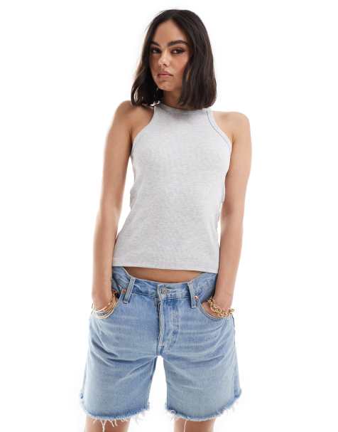 Vero Moda - Top grigio chiaro a coste con scollo a vogatore - view 1