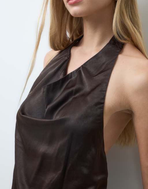 Vero Moda - top halter con caída en marrón chocolate, 3 de 4