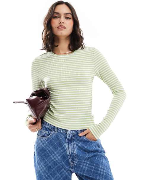 Vero Moda - Top in jersey a coste a maniche lunghe color cammello a righe - view 1