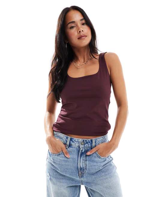 Vero Moda - Top in jersey bordeaux con scollo squadrato multiposizione