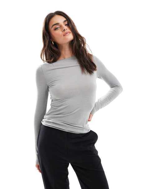 Vero Moda - Top in jersey grigio chiaro effetto seconda pelle - view 1