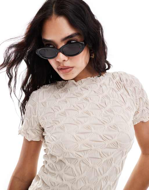 Vero Moda - Top in jersey increspato color pietra a maniche corte