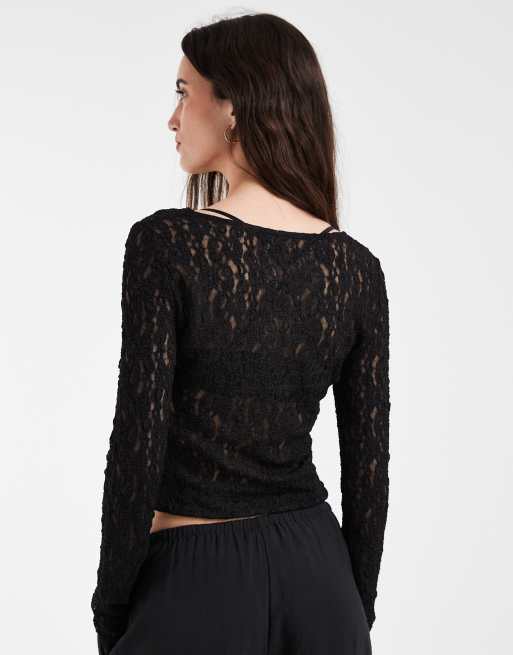 Vero Moda top in pizzo reversibile a maniche lunghe nero, 4 di 4