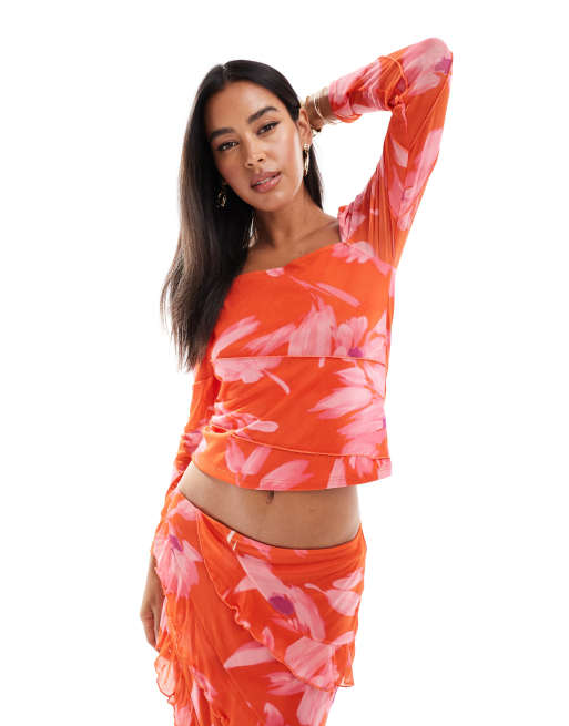Vero Moda - Top in rete rossa a fiori con scollo squadrato in coordinato