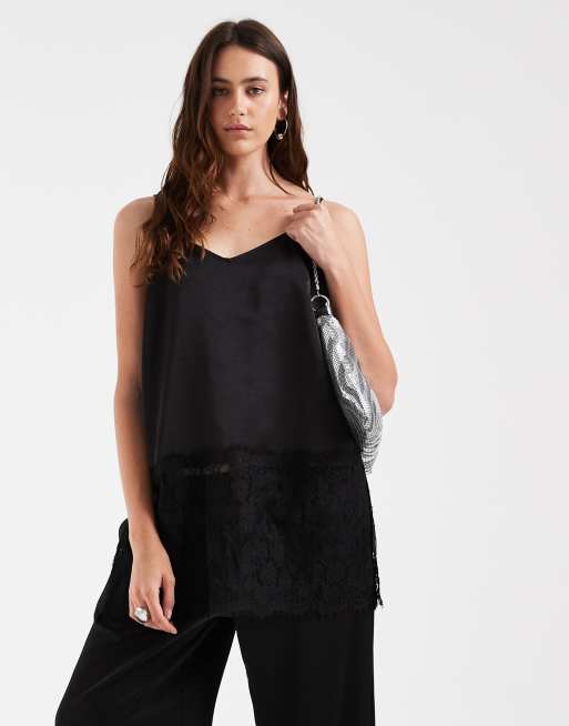 Vero Moda top lungo in raso con spalline sottili e dettaglio orlo in pizzo nero
