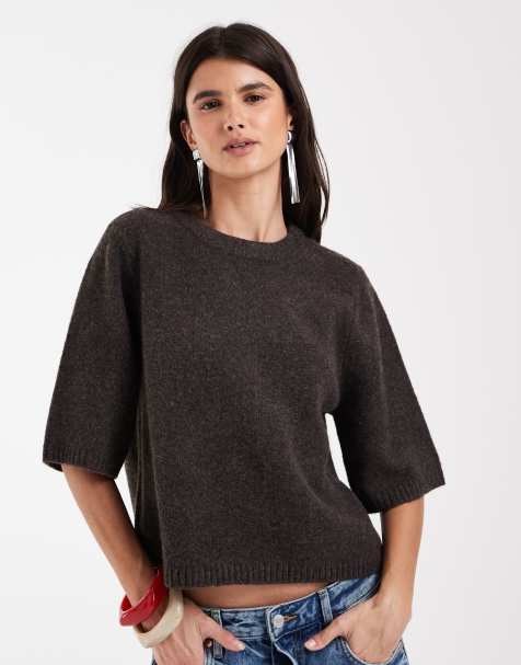 Vero Moda - Top manches courtes en maille douce coupe carrée - Marron chocolat chiné - view 1