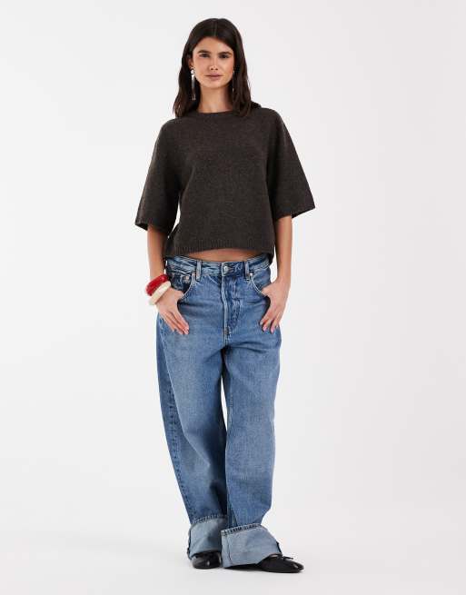 Vero Moda - Top marrón chocolate jaspeado de corte cuadrado y manga corta de punto suave, 2 de 4