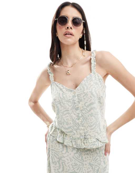 Vero Moda - Top med knapper og abstrakt print i hørblanding - Del af sæt