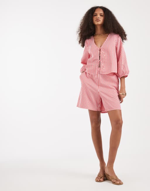 Vero Moda - Top met gestrikte voorkant en gingham ruit in rood, deel van co-ord set, 2 van 4