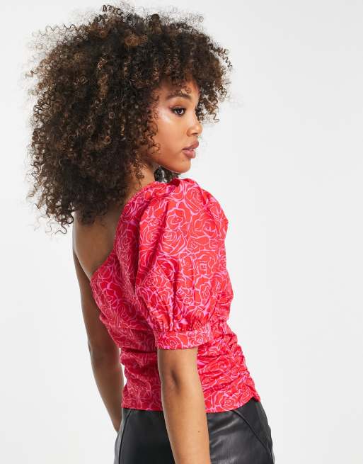 Vero Moda - Top met pofmouwen, blote schouder en rozenprint in roze, 2 van 4