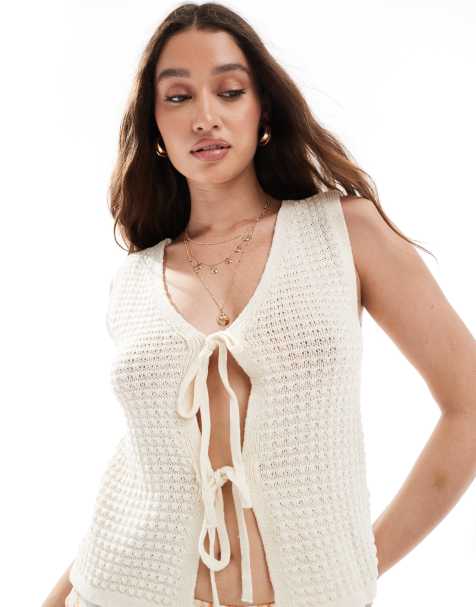 Vero Moda - Top noué sur le devant en maille crochetée - Crème - view 1