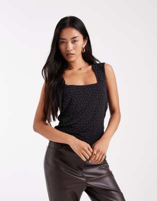 Top réversible près du corps à encolure carrée et orné de strass - Noir XS