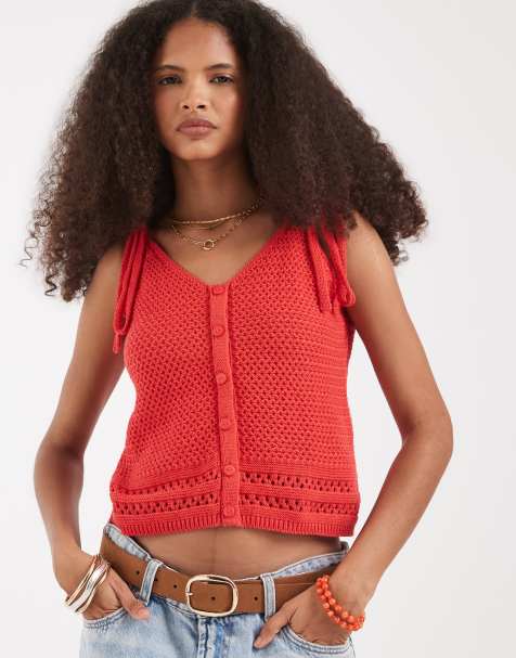 Vero Moda - Top rojo de tirantes con botones delanteros y detalle de lazadas de croché - view 1