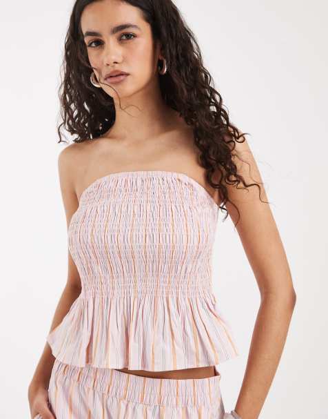Vero Moda - Top rosa a rayas naranjas fruncido con escote palabra de honor y bajo de sobrefalda de popelina (parte de un conjunto) - view 1