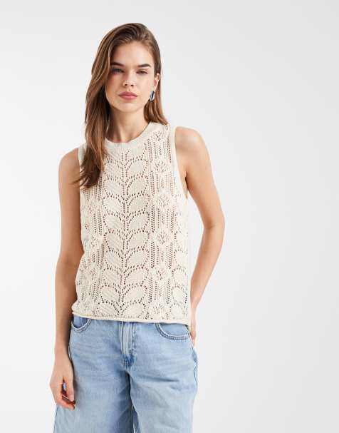 Vero Moda - Top senza maniche all'uncinetto color crema a fantasia - view 1