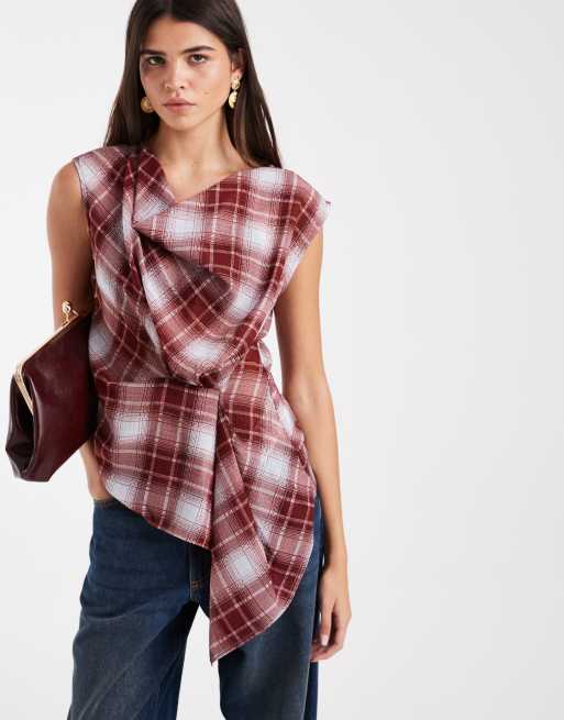 Vero Moda top senza maniche asimmetrico con dettaglio annodato a quadri ruggine
