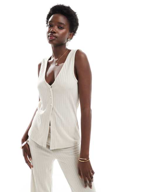 Vero Moda - Top senza maniche taglio lungo color crema a coste in coordinato