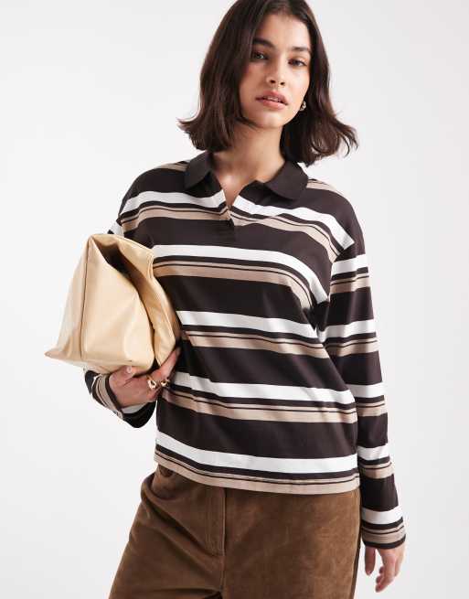 Vero Moda - Top stile rugby comodo a righe color cioccolato, bianche e beige