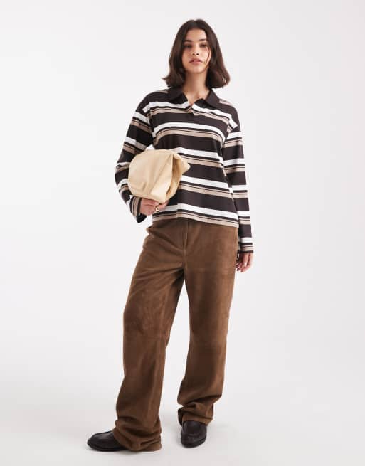 Vero Moda - Top stile rugby comodo a righe color cioccolato, bianche e beige, 2 di 4