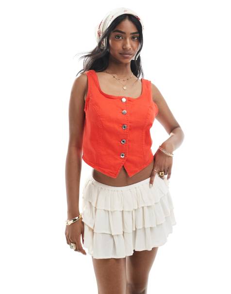 Vero Moda - Top style corset boutonné en jean - Rouge - view 1