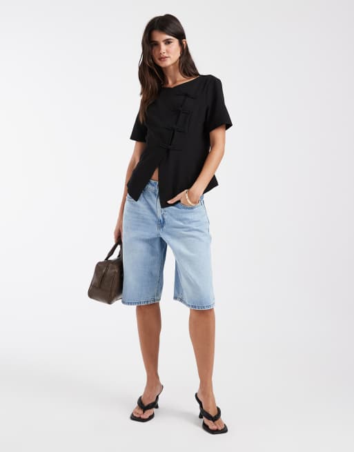 Vero Moda - Top tejido con bajo asimétrico y cierre estilo mao en negro, 2 de 4